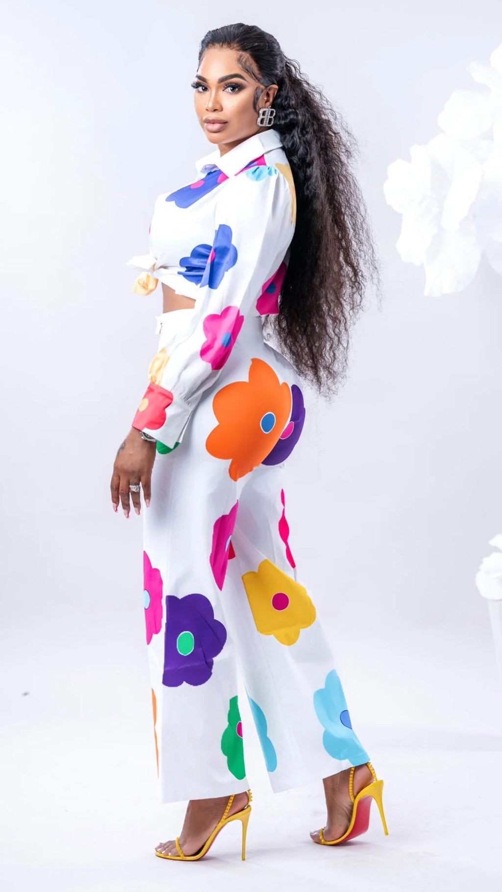 Women’s Fashion Casual Digital Printed Flowers Blouse And Pants