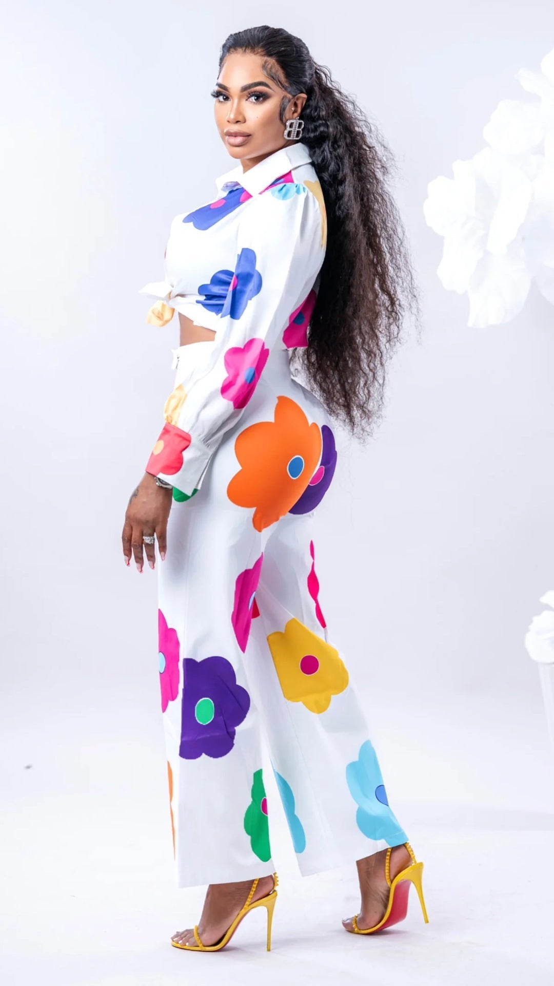 Women’s Fashion Casual Digital Printed Flowers Blouse And Pants
