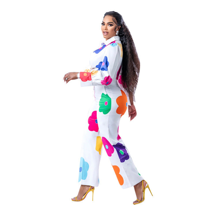 Women’s Fashion Casual Digital Printed Flowers Blouse And Pants