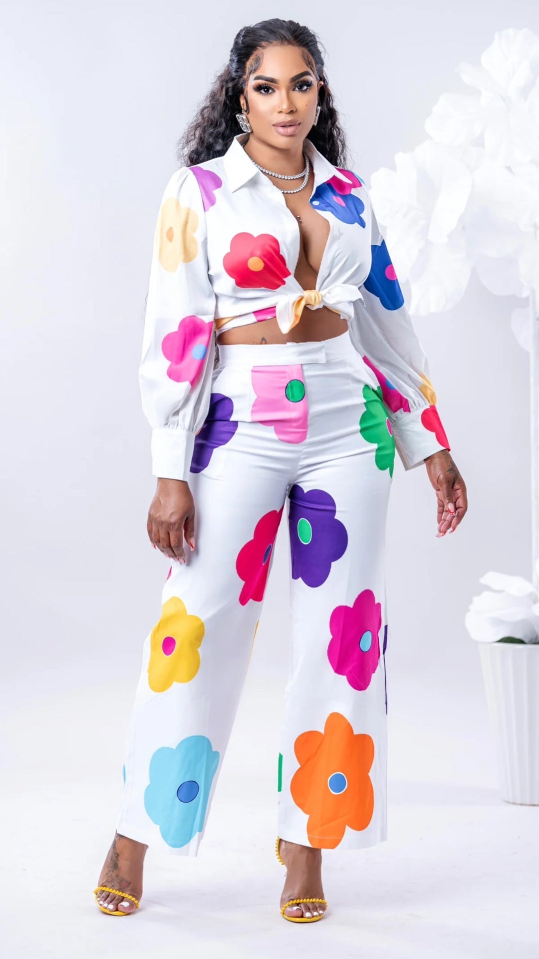 Women’s Fashion Casual Digital Printed Flowers Blouse And Pants
