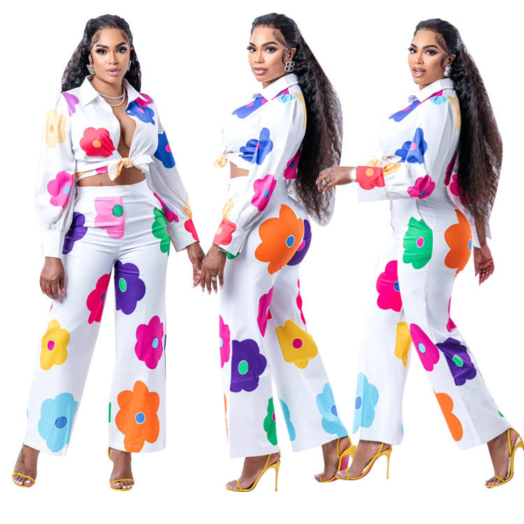 Women’s Fashion Casual Digital Printed Flowers Blouse And Pants