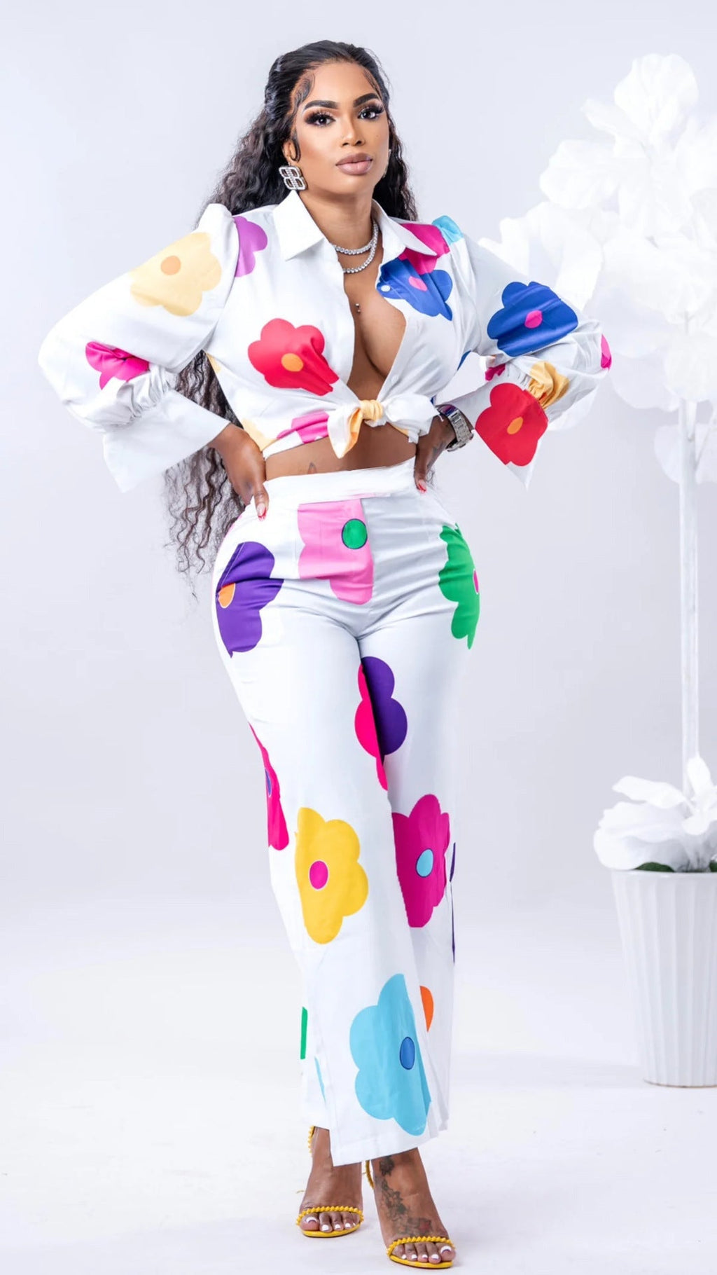 Women’s Fashion Casual Digital Printed Flowers Blouse And Pants