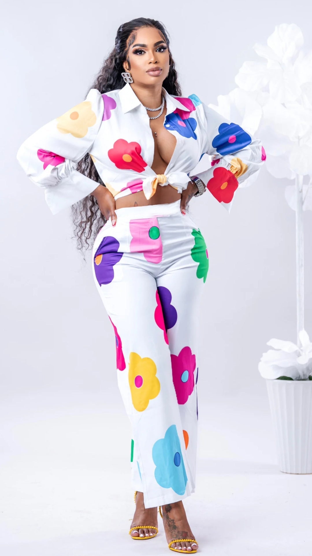 Women’s Fashion Casual Digital Printed Flowers Blouse And Pants