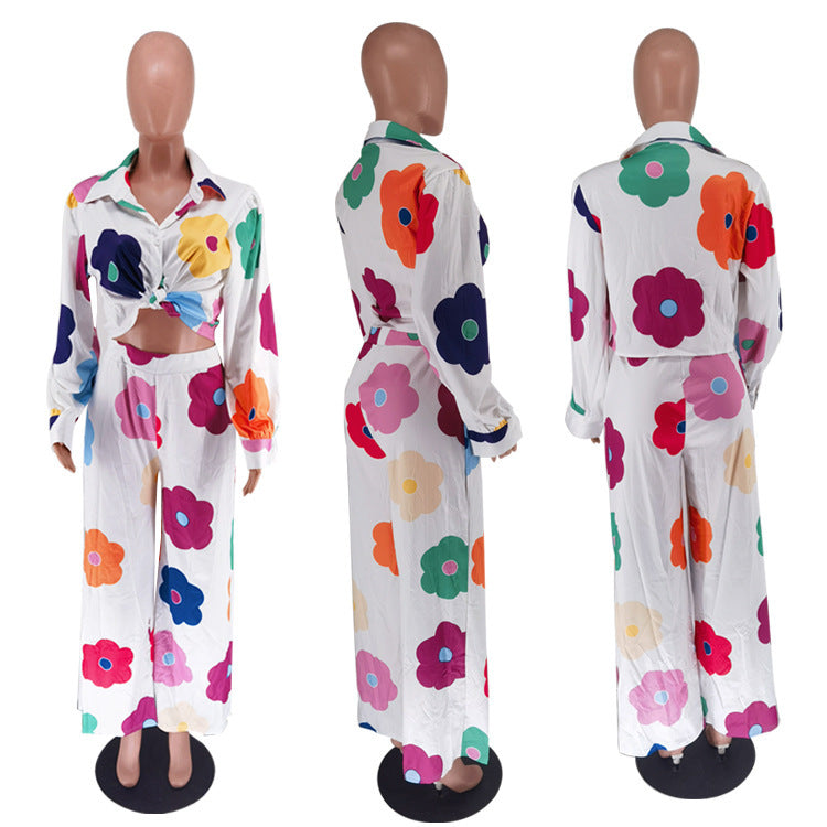 Women’s Fashion Casual Digital Printed Flowers Blouse And Pants