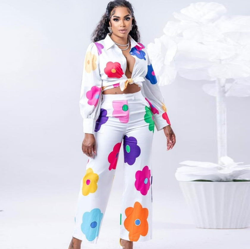 Women’s Fashion Casual Digital Printed Flowers Blouse And Pants