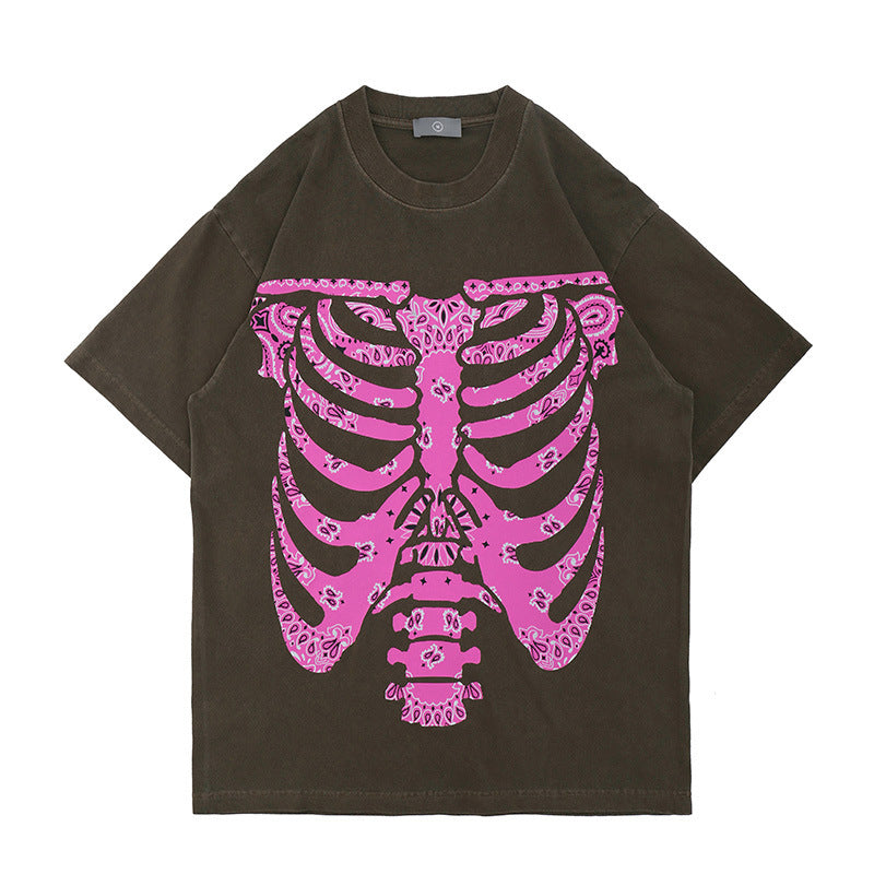 Skeleton Cashew Flower Loose Short Sleeve T-Shirt Men - Brown / M