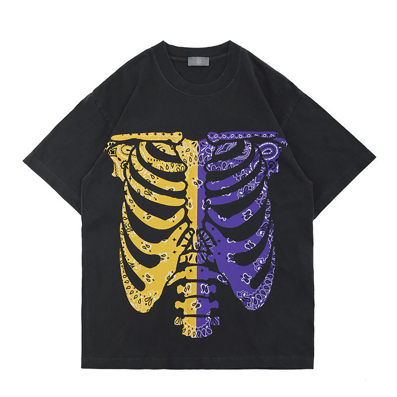Skeleton Cashew Flower Loose Short Sleeve T-Shirt Men - Dark Grey / M