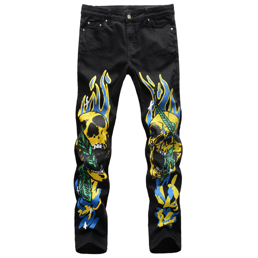 Skull graffiti flame street fashion men’s pants - Black / 36