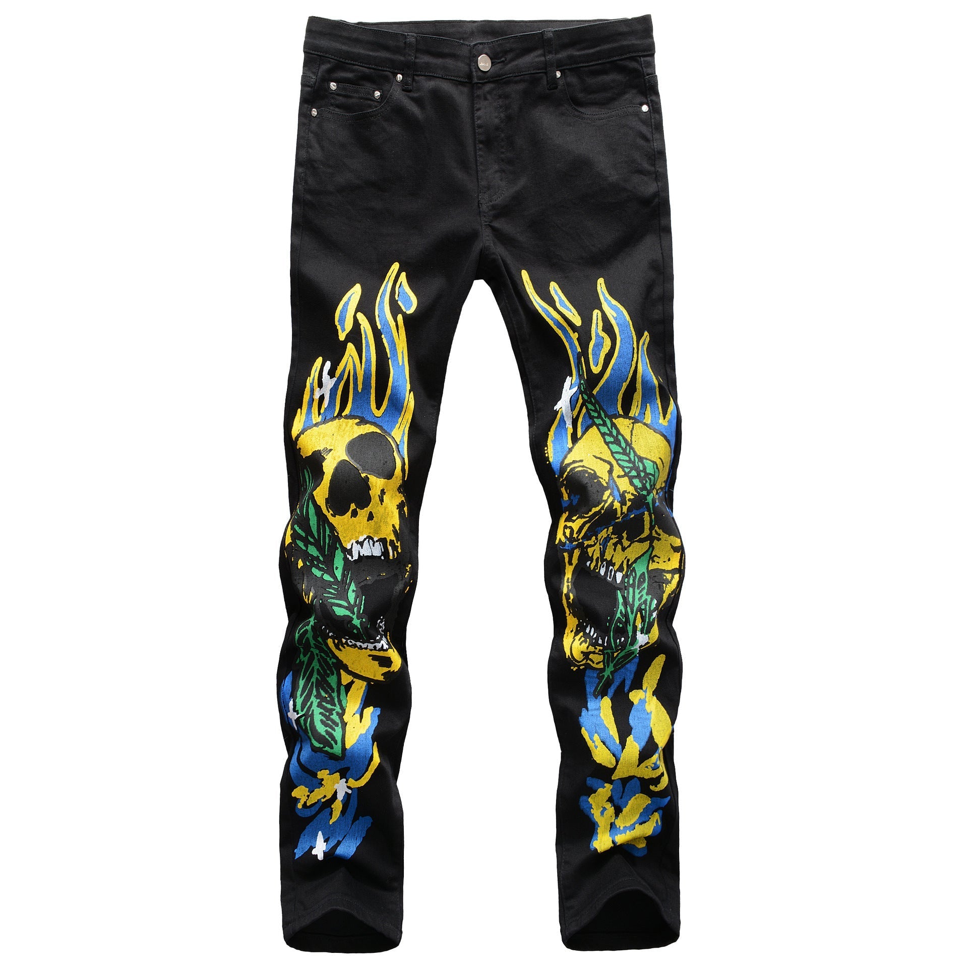Skull graffiti flame street fashion men’s pants - Black / 36