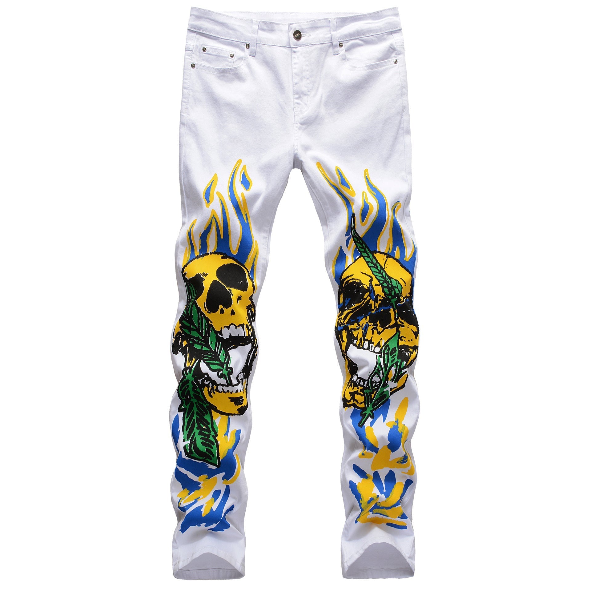 Skull graffiti flame street fashion men’s pants - White / 29