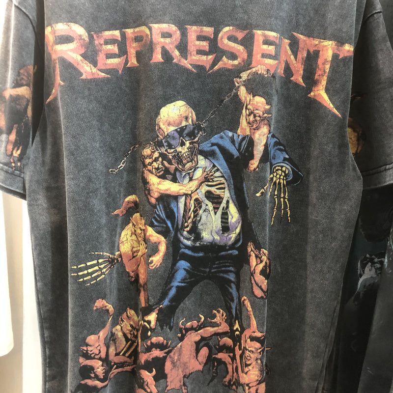 Skull Print Washed Distressed Hip Hop Loose Men’s Short Sleeve T-Shirt