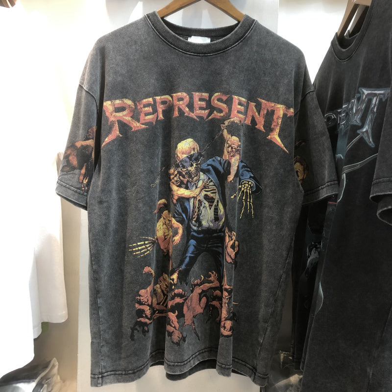 Skull Print Washed Distressed Hip Hop Loose Men’s Short Sleeve T-Shirt