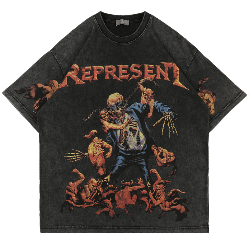 Skull Print Washed Distressed Hip Hop Loose Men’s Short Sleeve T-Shirt