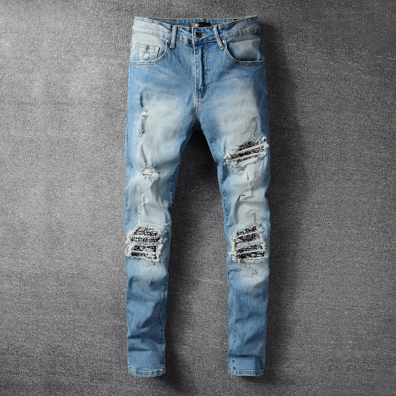 Pleated Pattern Patch Slim Fit Small Leg Jeans - Light blue / 35