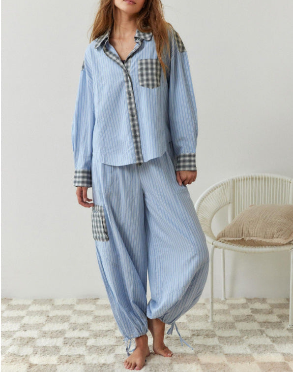 Autumn Women’s Clothing Casual Homewear Plaid Shirt Outfit - Sky Blue / S