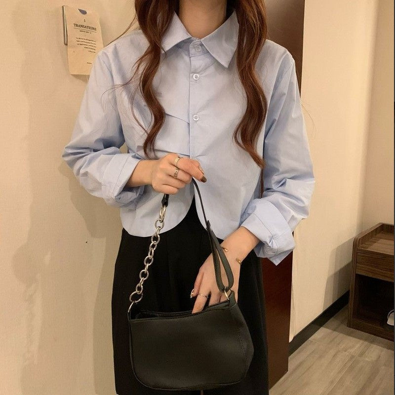 French White Shirt Women’s Spring Design Sense Niche Shirt Temperament High Sense Chic Beautiful Short Long Sleeve Top