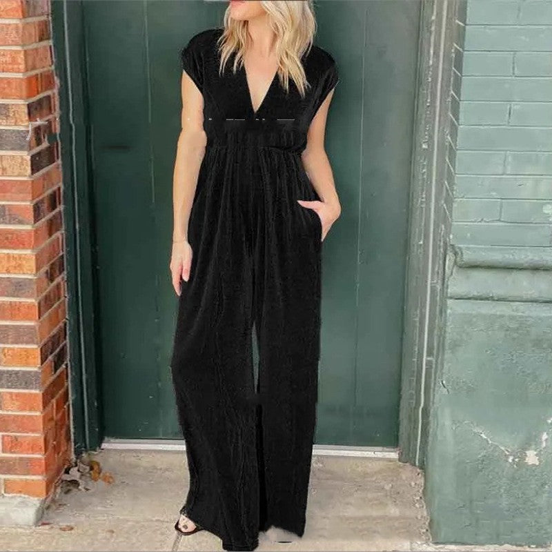 V-neck Short-sleeved High Waist Long Jumpsuit - S / Black