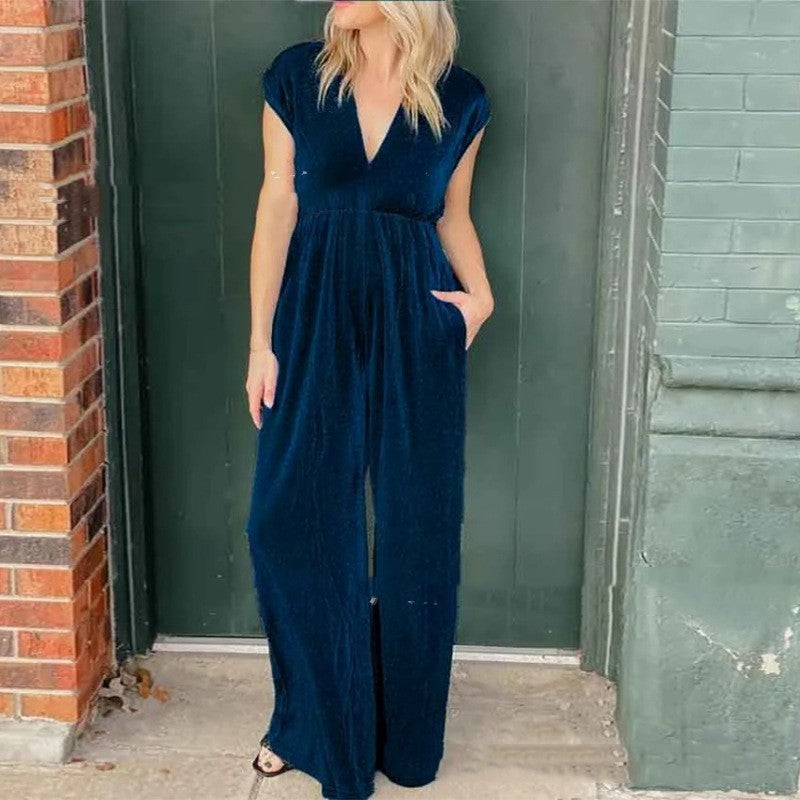 V-neck Short-sleeved High Waist Long Jumpsuit - S / Blue