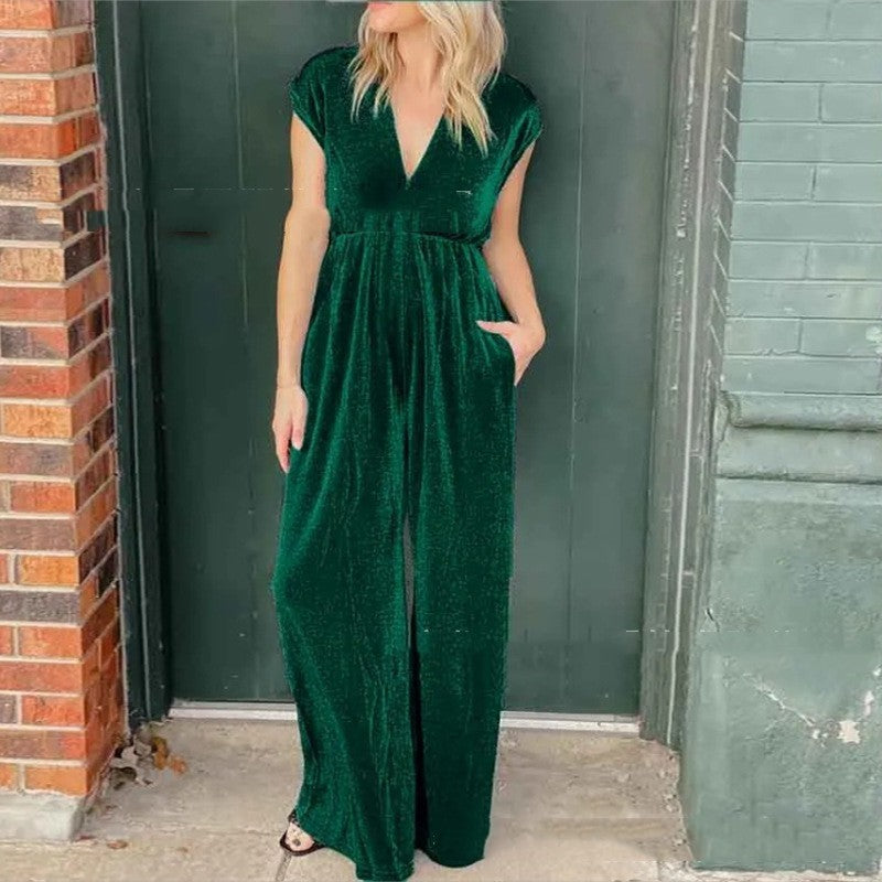 V-neck Short-sleeved High Waist Long Jumpsuit - S / Green