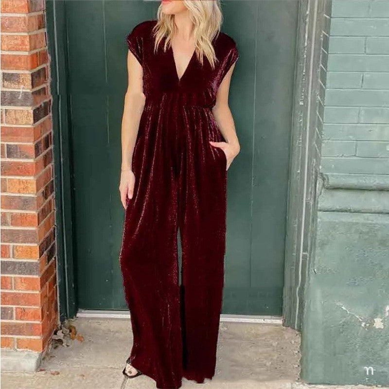 V-neck Short-sleeved High Waist Long Jumpsuit - S / Wine Red