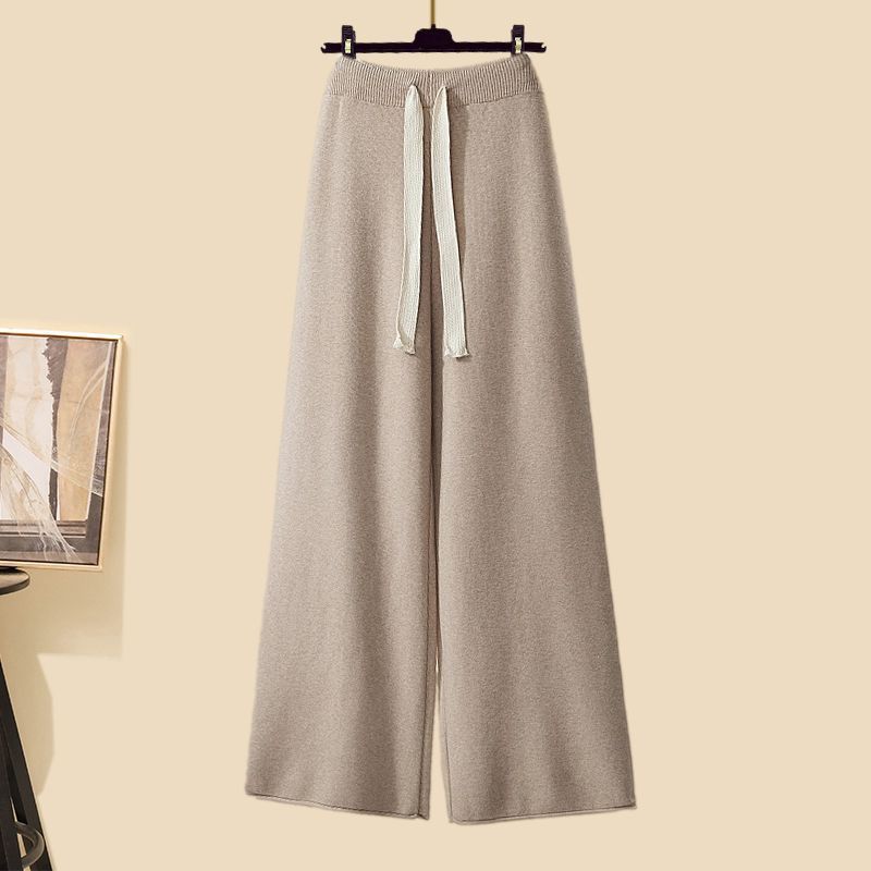 Long Cardigan With Turtleneck Sweater Wide Leg Pants - Khaki Pants / 2XL