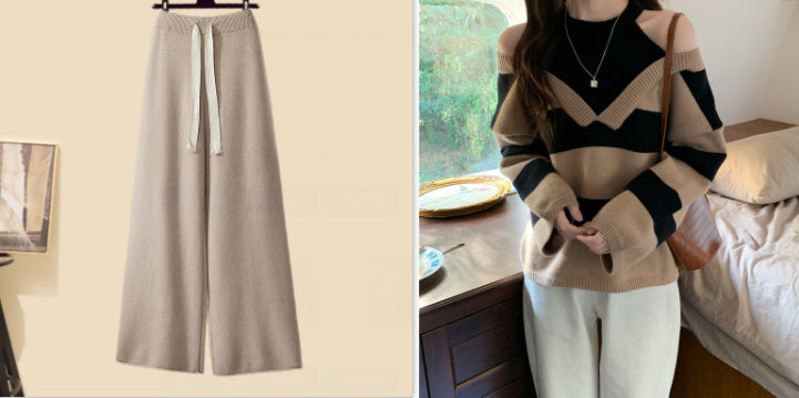 Long Cardigan With Turtleneck Sweater Wide Leg Pants - set4. / 2XL