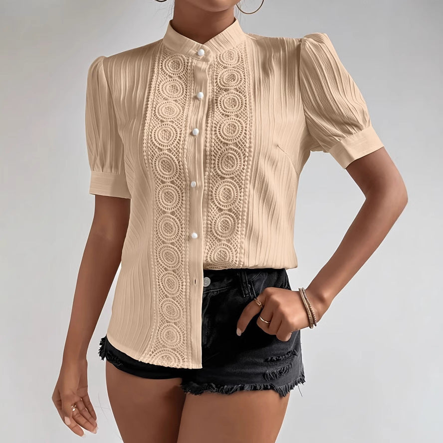 European And American Lace Patchwork Stand-up Collar Women’s Top