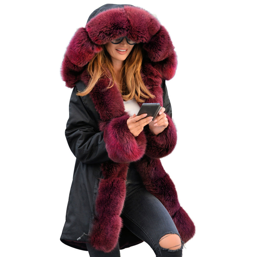 Cotton-padded Jacket Fur Collar Coat Hooded - Black And Red Fur / S