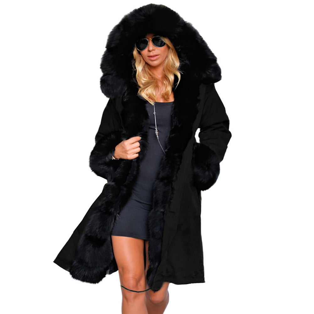 Cotton-padded Jacket Fur Collar Coat Hooded - Black And Black Fur / S