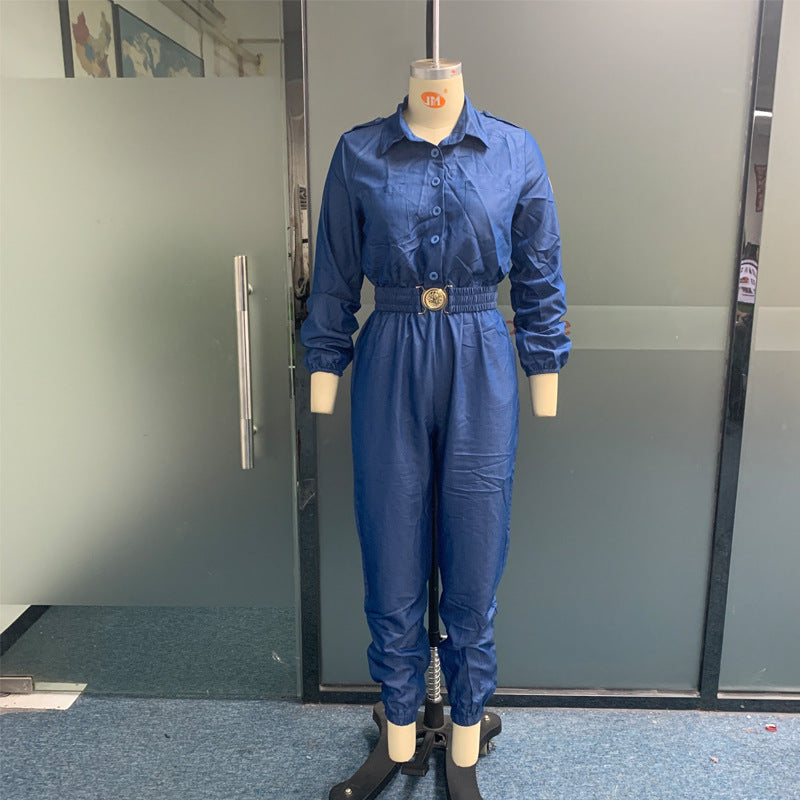 Long Sleeve Belt Waist Overall Suit Pants - Blue / S