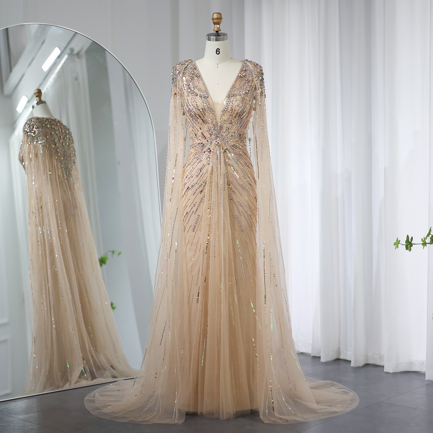 Elegant Long V-neck New Elegant Dress - Champagne / 2