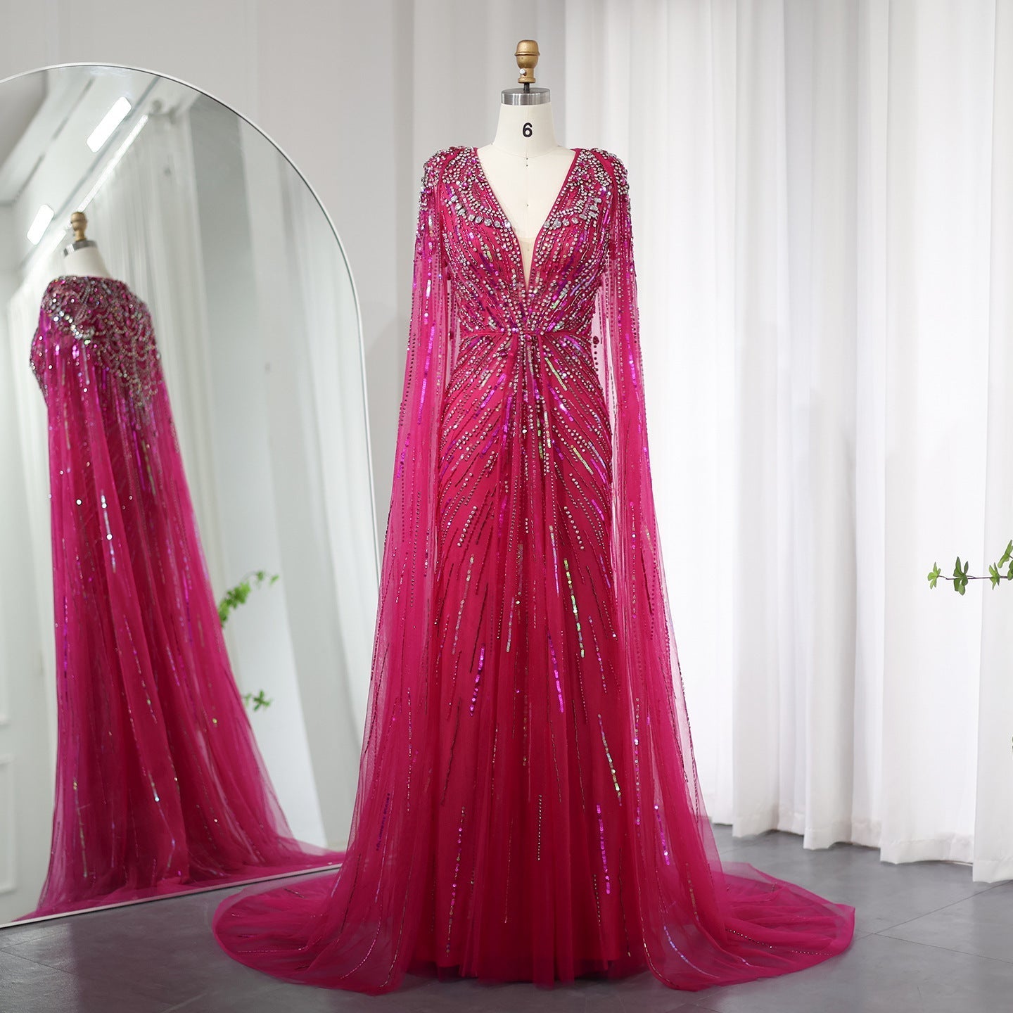 Elegant Long V-neck New Elegant Dress - Rose Red / 2