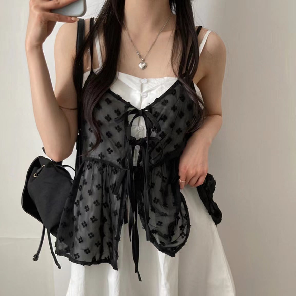 V-neck Lace-up Design Embroidery Jacquard All-match Bandage Dress Sling - Black / Free Size