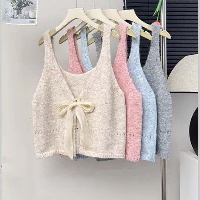 Korean Style Sleeveless Bow Design Double-sided Wear Bandage Dress Vest Sweet