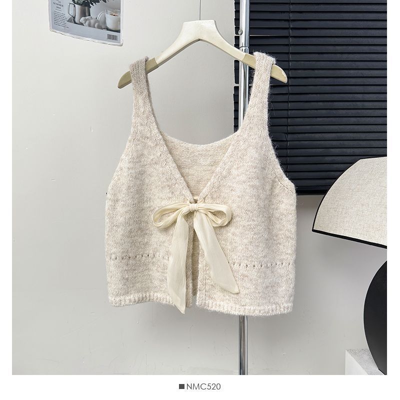 Korean Style Sleeveless Bow Design Double-sided Wear Bandage Dress Vest Sweet - Apricot / Average Size