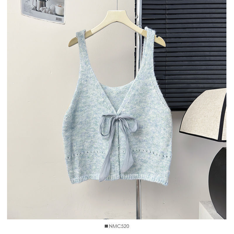 Korean Style Sleeveless Bow Design Double-sided Wear Bandage Dress Vest Sweet - Blue / Average Size