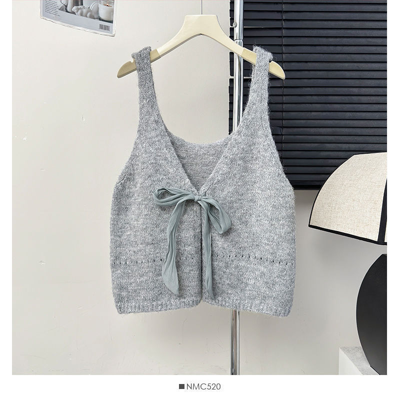 Korean Style Sleeveless Bow Design Double-sided Wear Bandage Dress Vest Sweet - Gray / Average Size