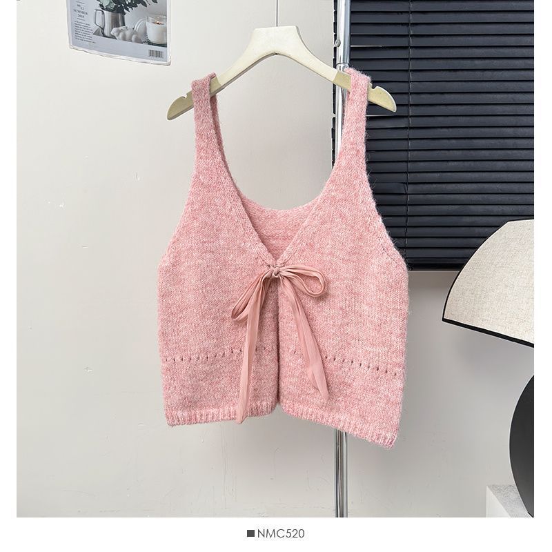 Korean Style Sleeveless Bow Design Double-sided Wear Bandage Dress Vest Sweet - Pink / Average Size