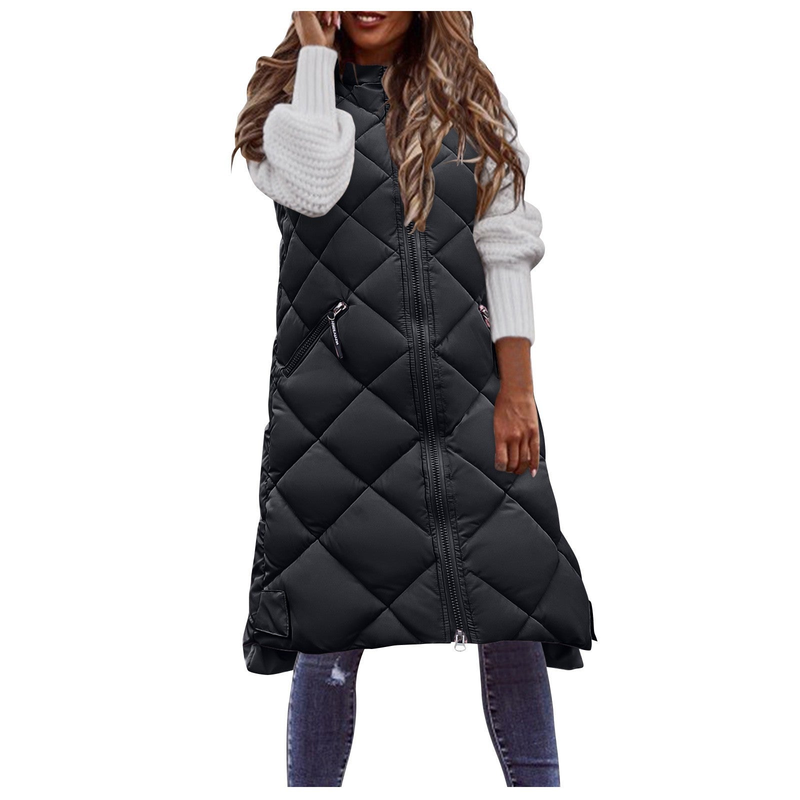 Solid Color Hooded Single-breasted Mid-length Cotton Clothing - Black / M