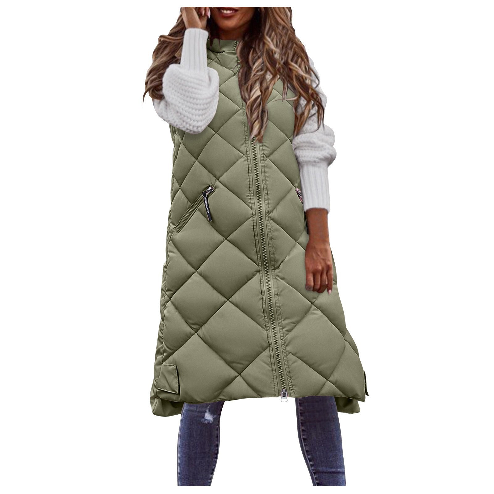 Solid Color Hooded Single-breasted Mid-length Cotton Clothing - Green / M