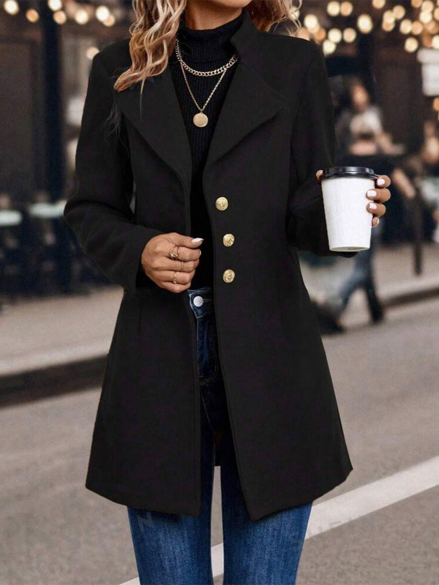 Solid Color Slim Women Woolen Coat Outerwear - Black / S