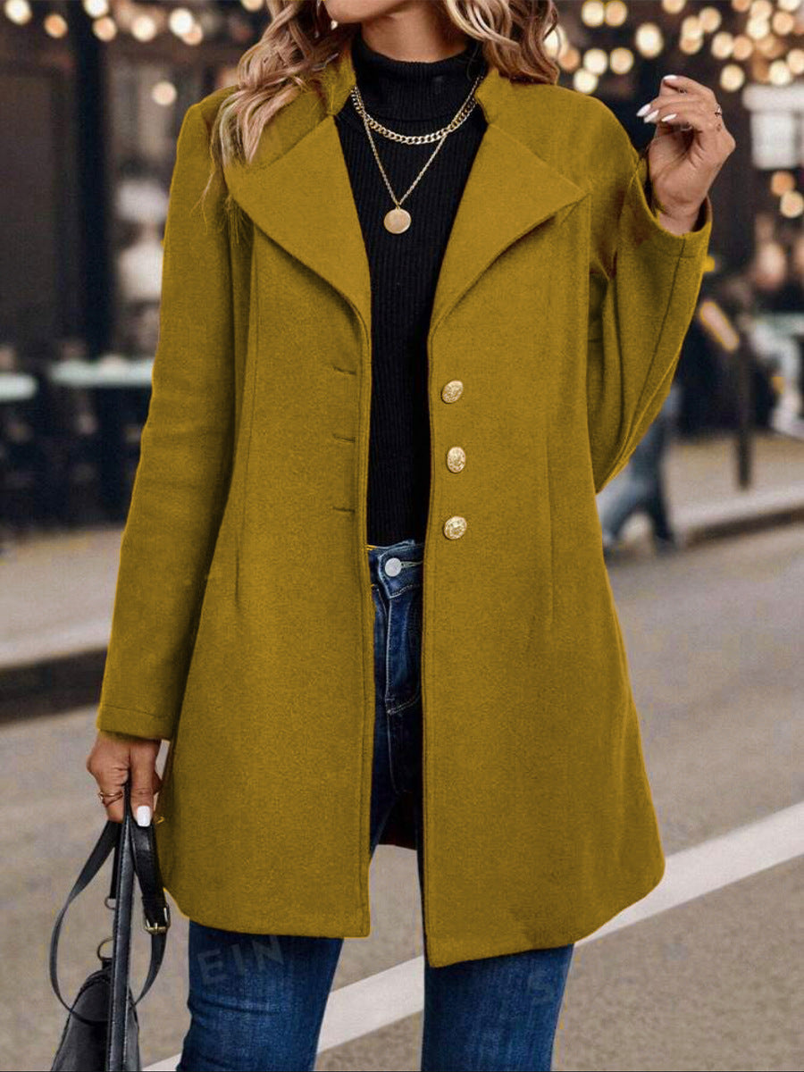 Solid Color Slim Women Woolen Coat Outerwear - Bright Yellow / S