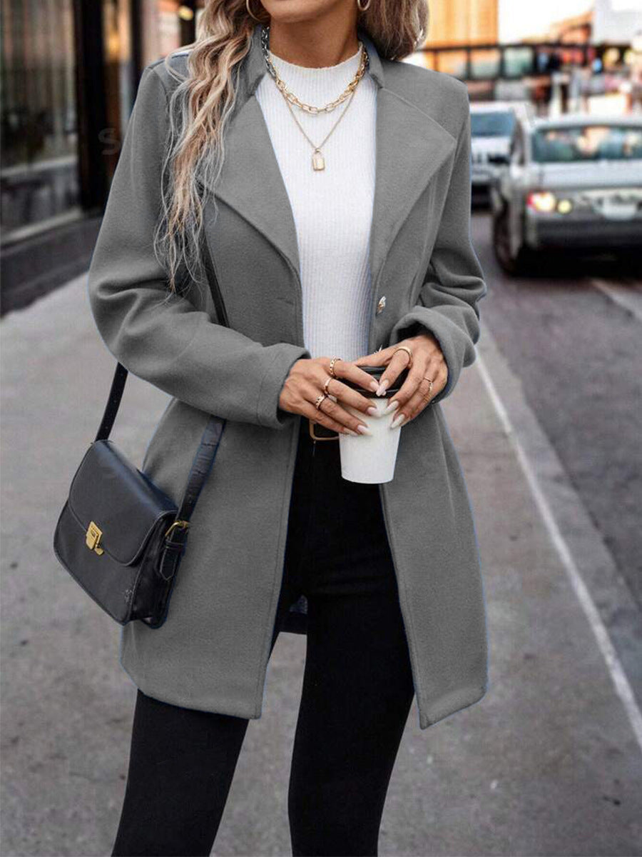 Solid Color Slim Women Woolen Coat Outerwear - Gray / S