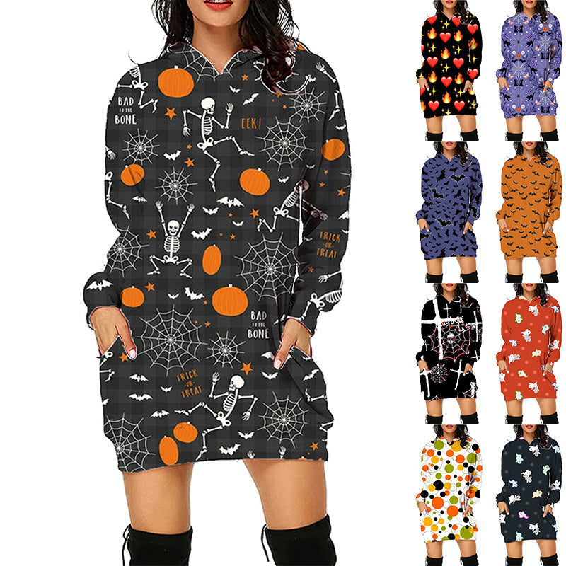 Halloween Print Long Hoodie With Pockets Sweater Long Sleeve Clothes Women - 4
