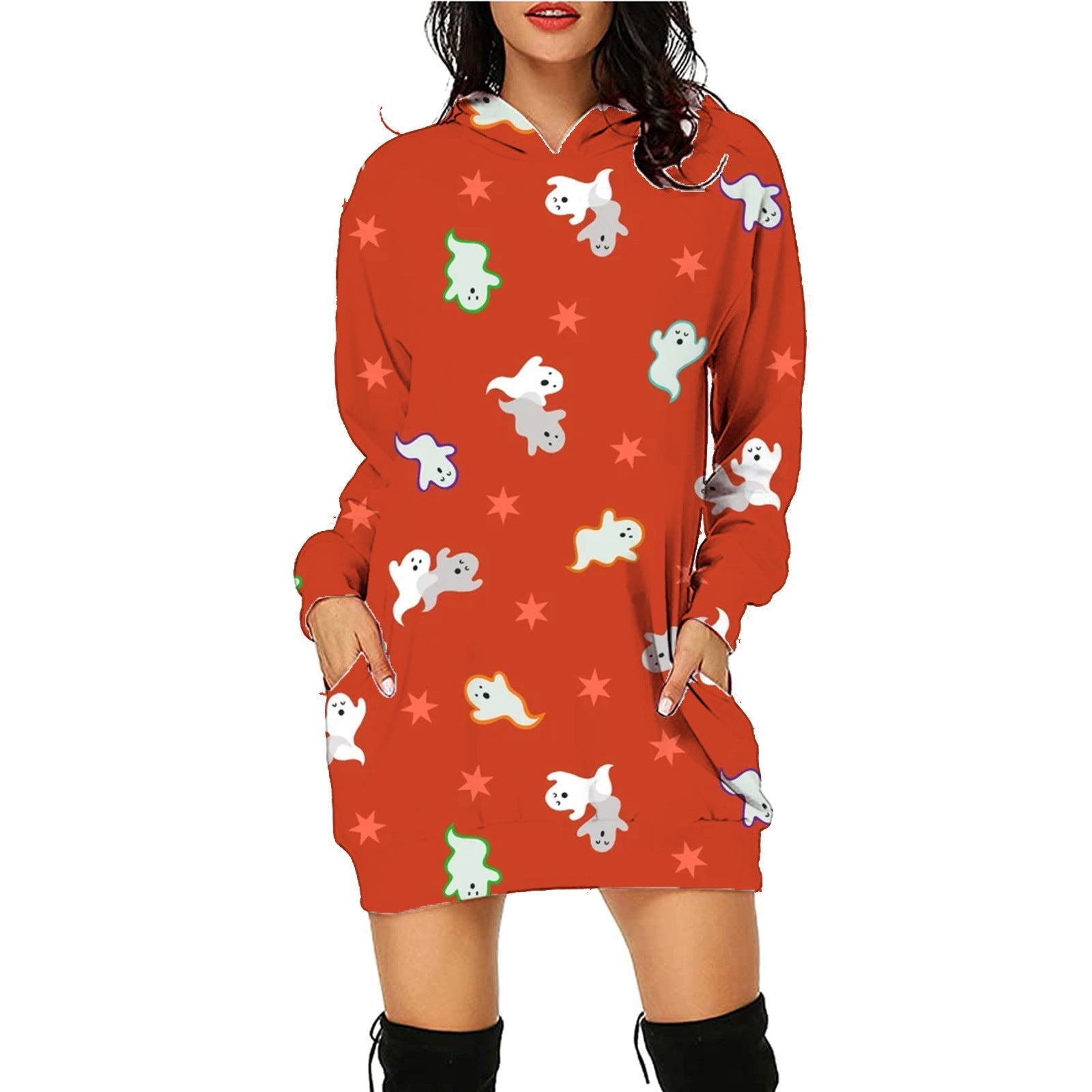 Halloween Print Long Hoodie With Pockets Sweater Long Sleeve Clothes Women - SC11 / S - 4