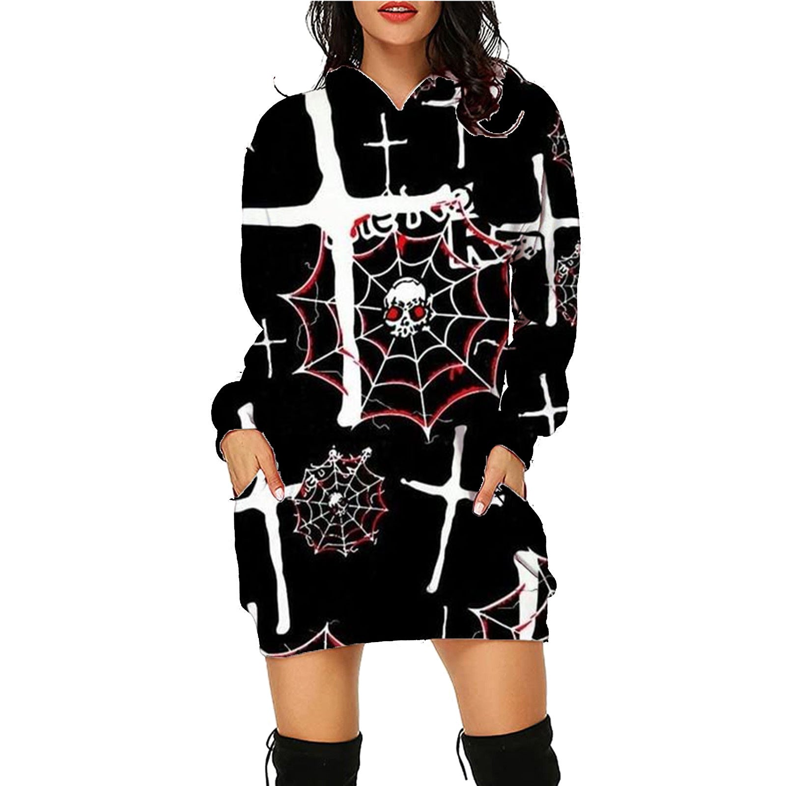 Halloween Print Long Hoodie With Pockets Sweater Long Sleeve Clothes Women - SC13 / S - 4