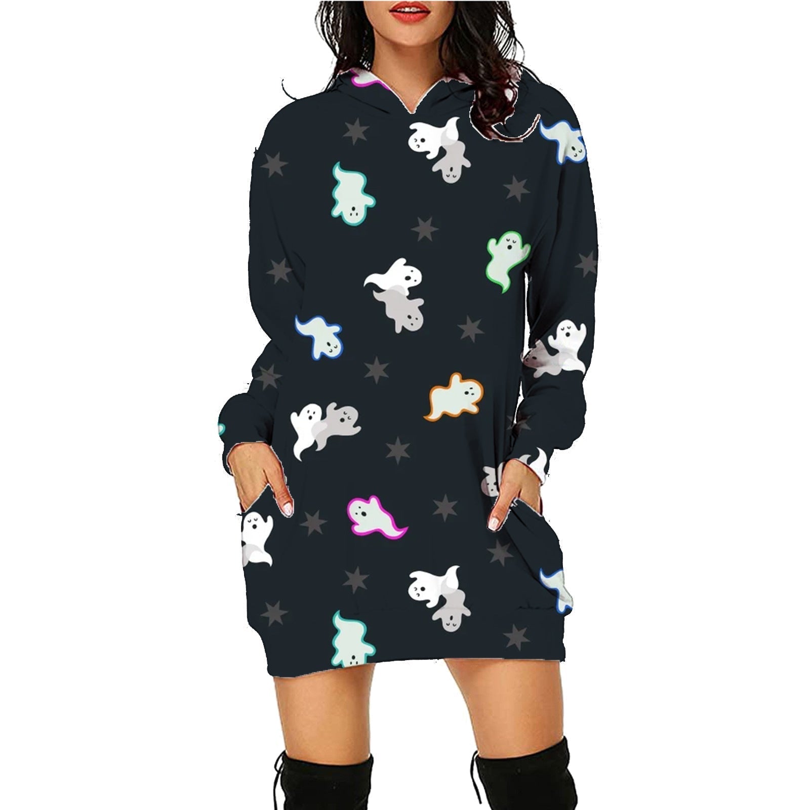Halloween Print Long Hoodie With Pockets Sweater Long Sleeve Clothes Women - SC16 / S - 4