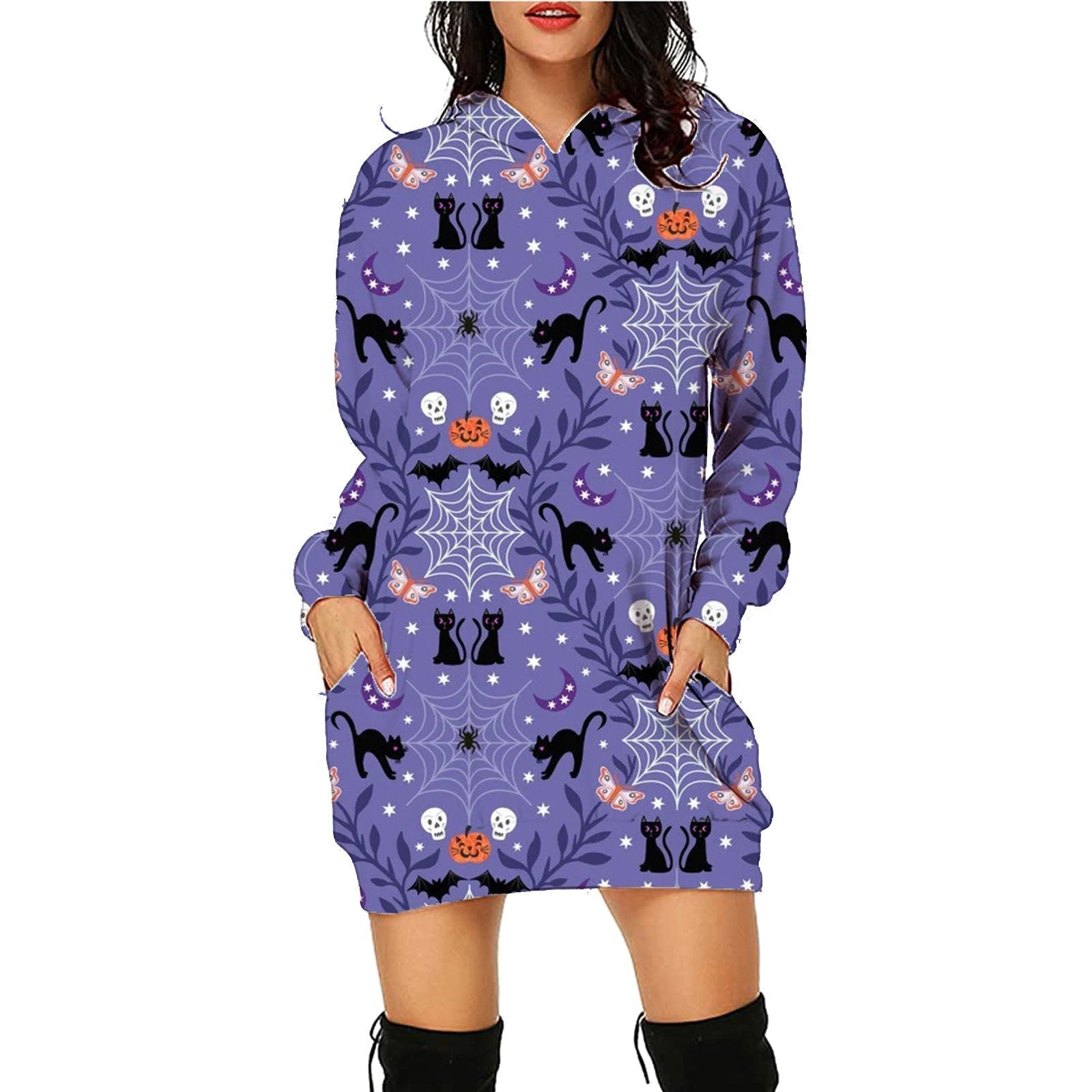 Halloween Print Long Hoodie With Pockets Sweater Long Sleeve Clothes Women - SC17 / S - 4