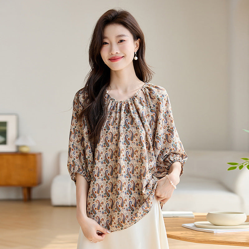 Women’s Loose Slimming 34 Sleeves Shirt - 727 Brown / M