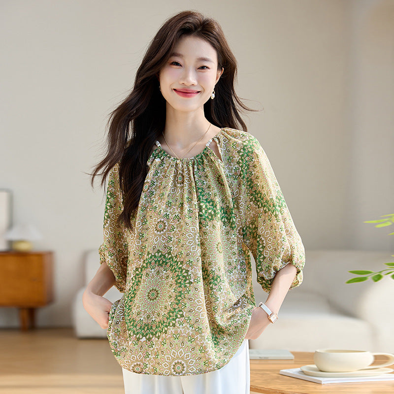Women’s Loose Slimming 34 Sleeves Shirt - 727 Green / M